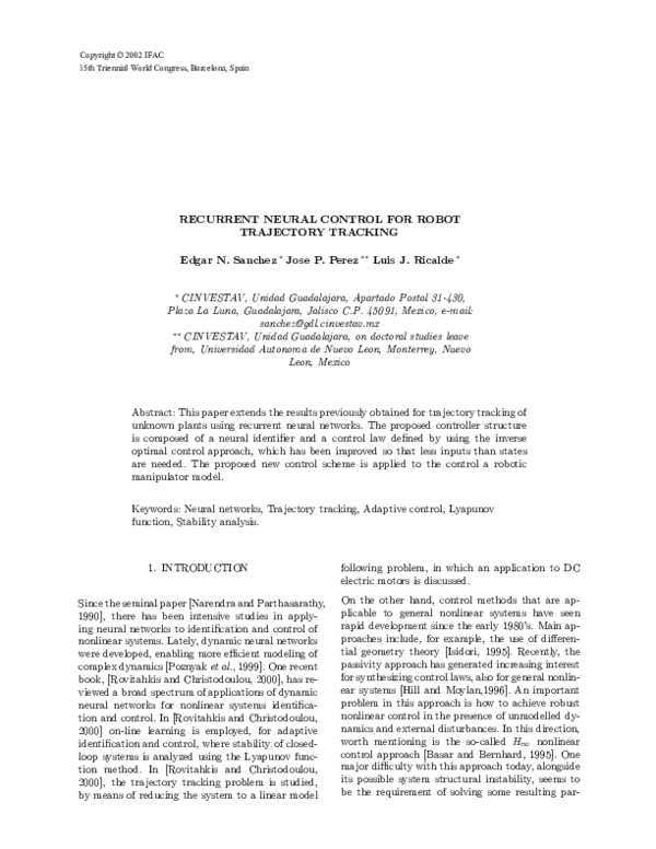 (PDF) Recurrent neural control for robot trajectory tracking