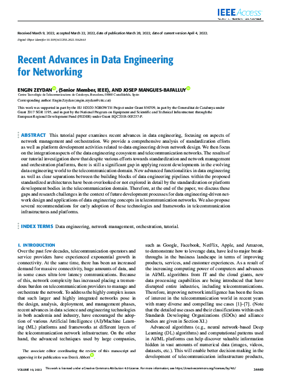 (PDF) Recent Advances in Data Engineering for Networking