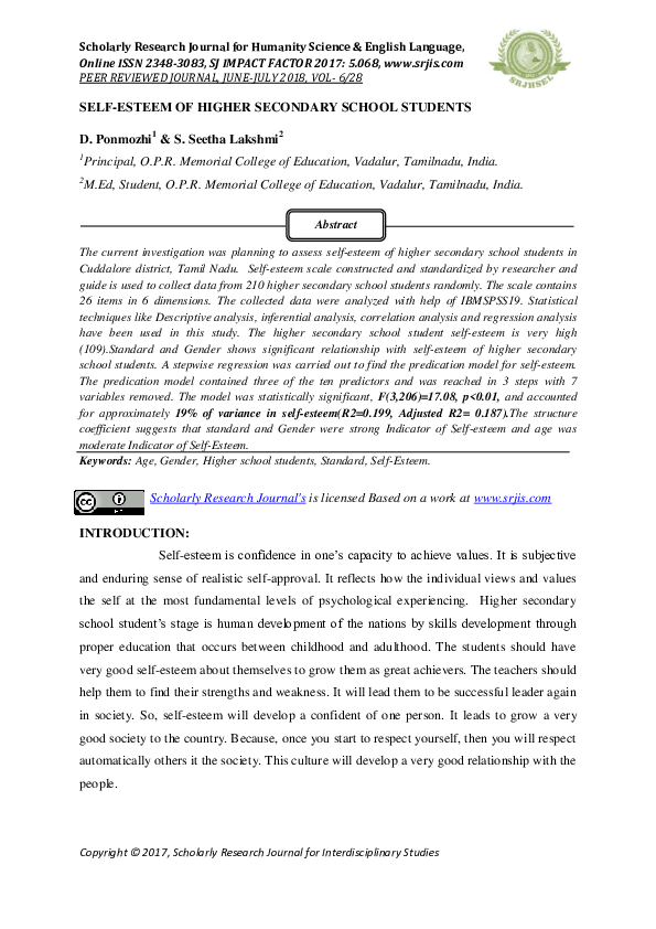 (PDF) SELF-ESTEEM OF HIGHER SECONDARY SCHOOL STUDENTS