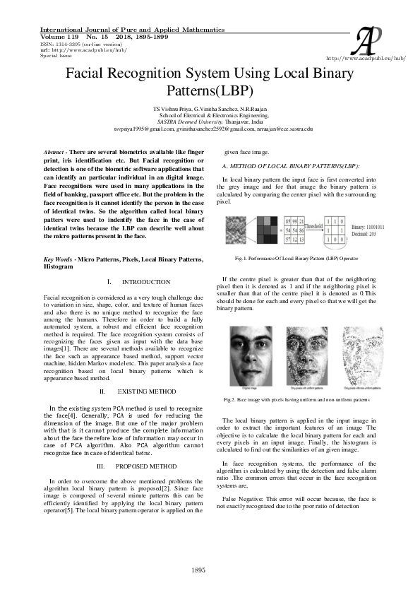 (PDF) Facial Recognition System Using Local Binary Patterns(LBP)