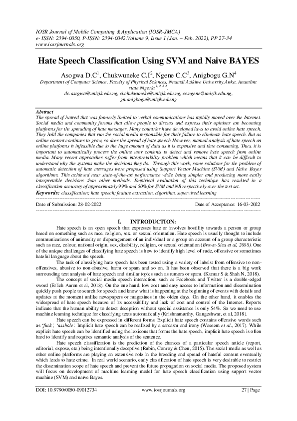 (PDF) Hate Speech Classification Using SVM and Naive BAYES