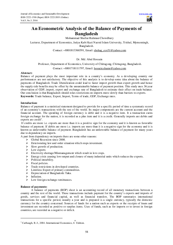 (PDF) An Econometric Analysis of the Balance of Payments of Bangladesh