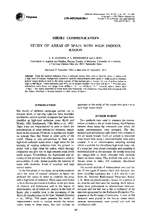 (PDF) Study of areas of spain with high indoor radon LUIS SANTIAGO