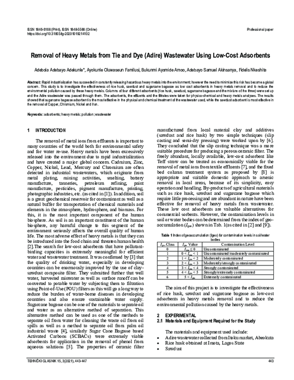 (PDF) Removal of Heavy Metals from Tie and Dye (Adire) Wastewater Using ...