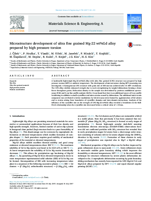 (PDF) Microstructure development of ultra fine grained Mg-22 wt%Gd ...