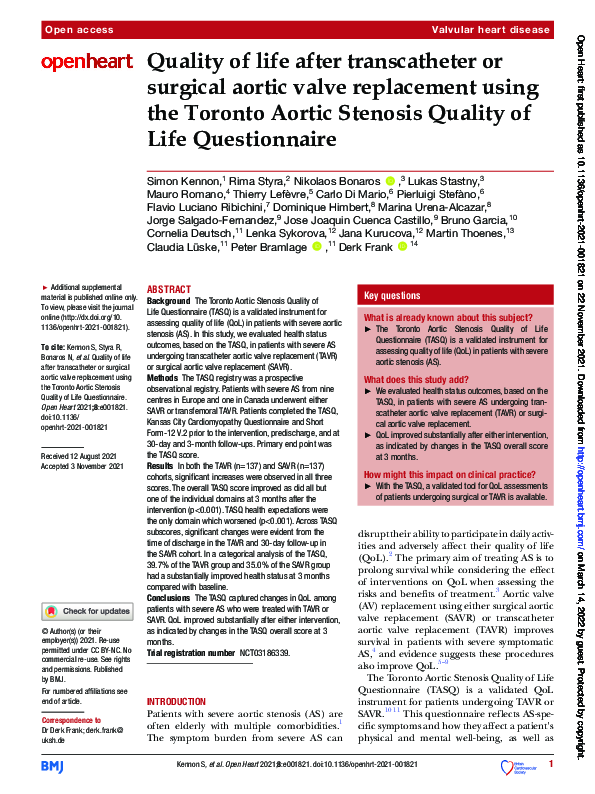 (PDF) Quality of life after transcatheter or surgical aortic valve ...