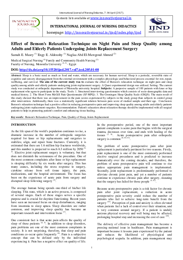 (PDF) Effect of Benson's Relaxation Technique on Night Pain and Sleep ...