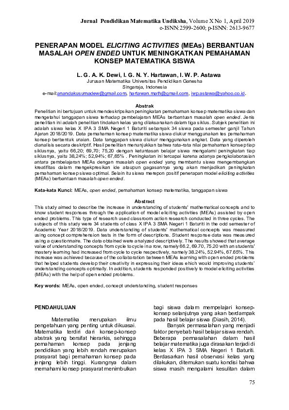 (PDF) PENERAPAN MODEL ELICITING ACTIVITIES (MEAs) BERBANTUAN MASALAH ...