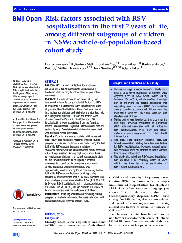 (PDF) Risk factors associated with RSV hospitalisation in the first 2 ...