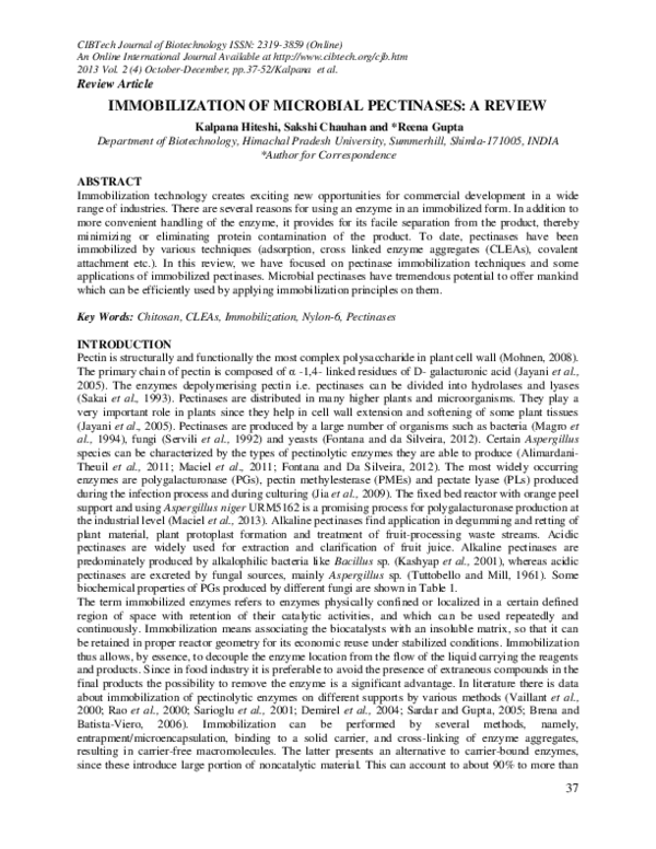 (PDF) Immobilization of Microbial Pectinases A Review reena gupta Academia.edu