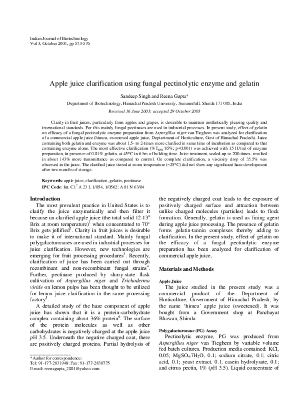 (PDF) Apple juice clarification using fungal pectinolytic enzyme and