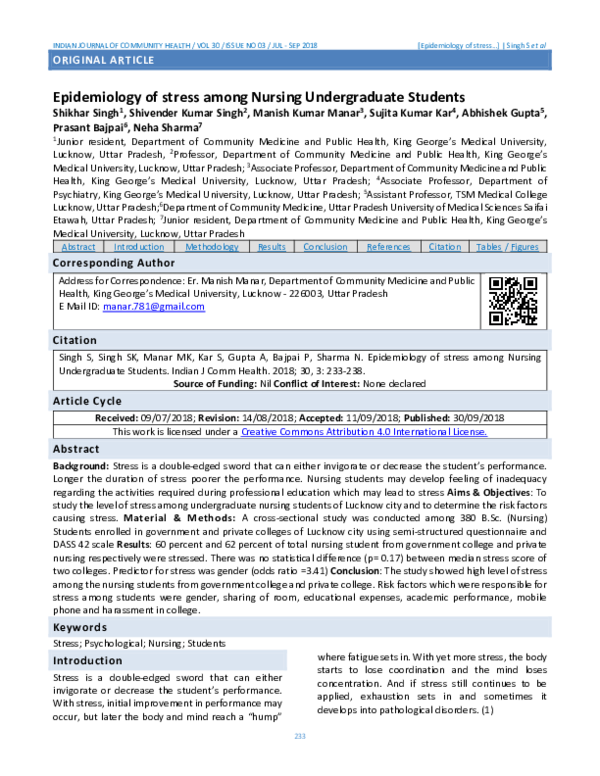 (PDF) Epidemiology of stress among Nursing Undergraduate Students