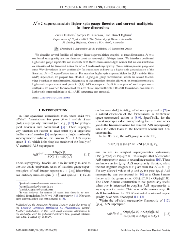 (PDF) N=2 supersymmetric higher spin gauge theories and current ...