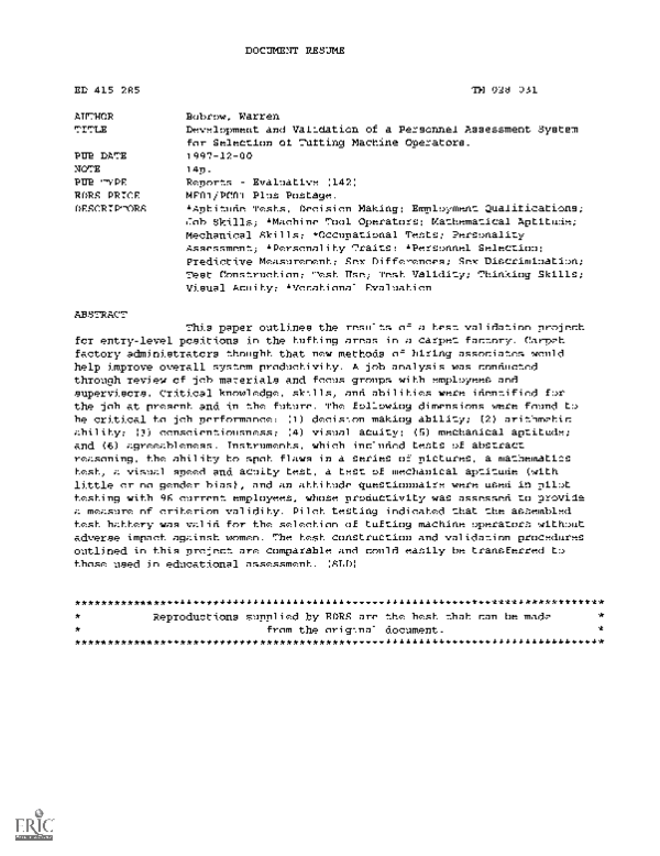 (PDF) Development and Validation of a Personnel Assessment System for