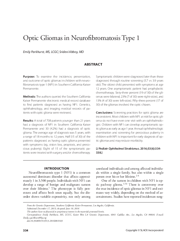 (PDF) Optic Gliomas in Neurofibromatosis Type 1