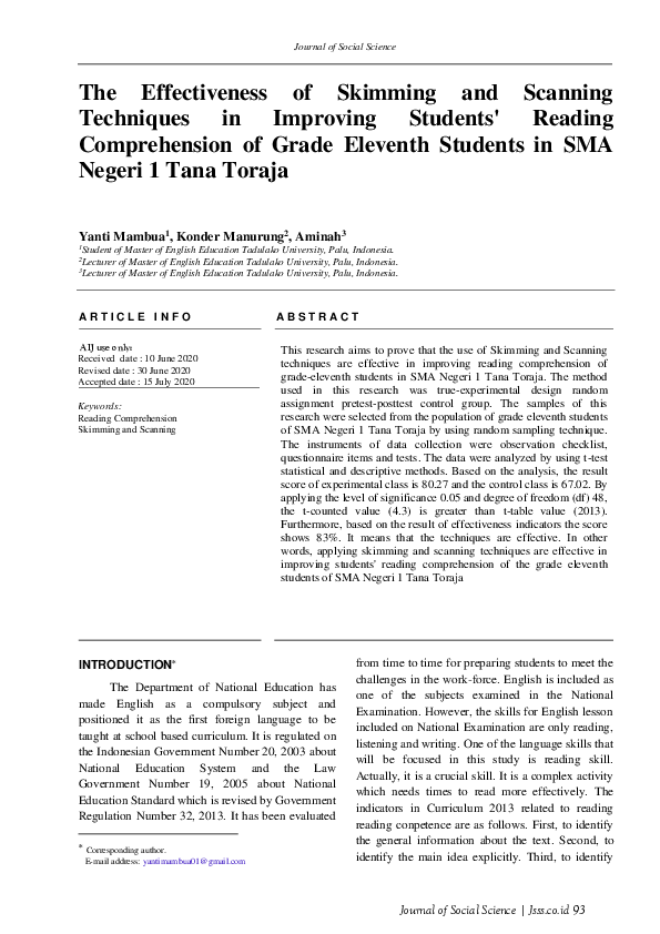 (PDF) The Effectiveness of Skimming and Scanning Techniques in ...