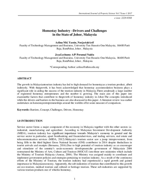 (PDF) Homestay Industry –Drivers and Challenges in the State of Johor ...