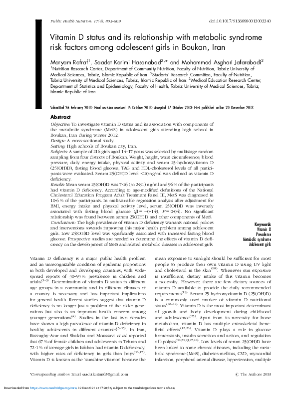 (PDF) Vitamin D status and its relationship with metabolic syndrome ...