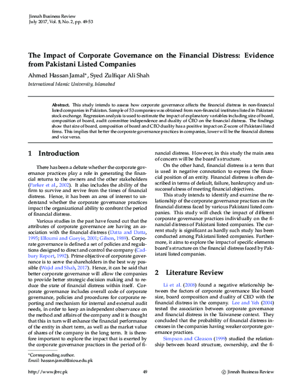 (PDF) The Impact of Corporate Governance on the Financial Distress ...