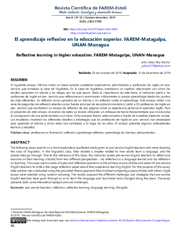 (PDF) Reflective learning in higher education. FAREM-Matagalpa, UNAN ...