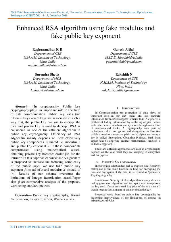 (PDF) Enhanced RSA algorithm using fake modulus and fake public key ...