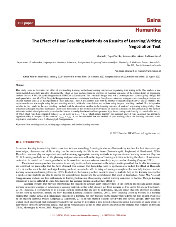 (PDF) The Effect of Peer Teaching Methods on Results of Learning ...