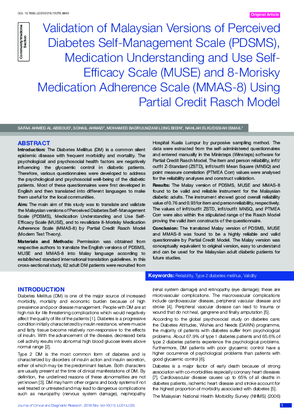 (PDF) Validation of Malaysian Versions of Perceived Diabetes Self ...