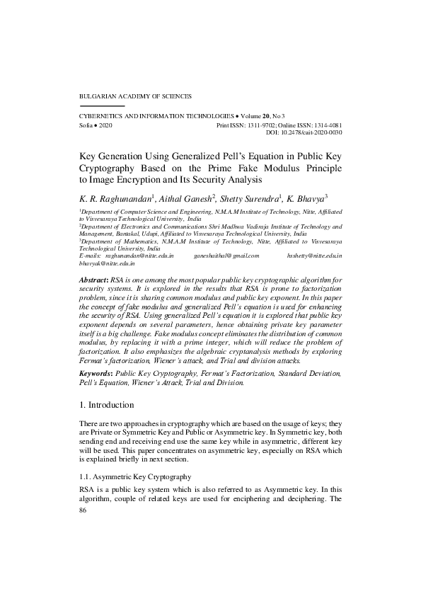 (PDF) Key Generation Using Generalized Pell's Equation in Public Key ...