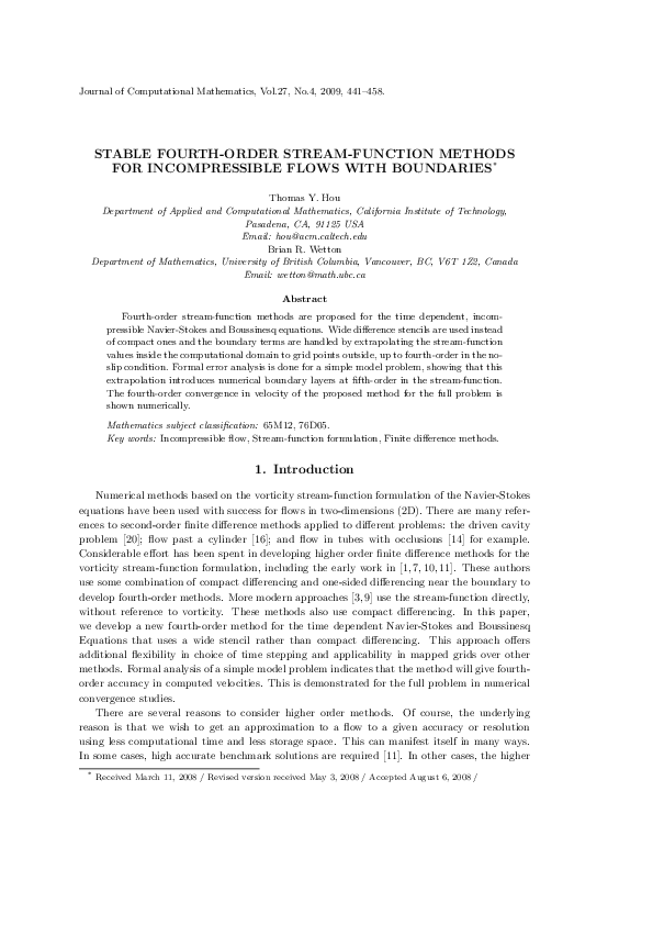(PDF) Stable Fourth Order Stream-Function Methods for Incompressible ...