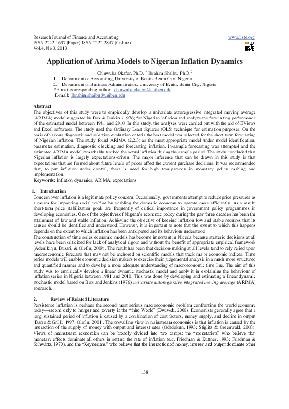 (PDF) Application of Arima Models to Nigerian Inflation Dynamics