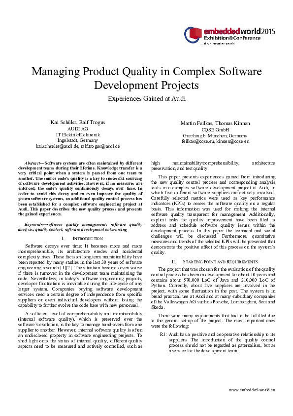 (PDF) Managing Product Quality in Complex Software Development Projects