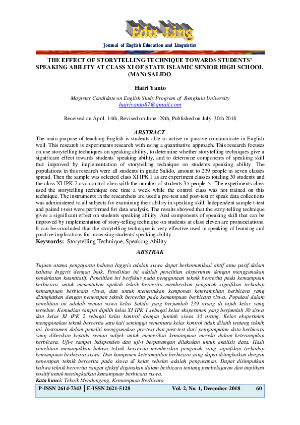(PDF) The Effect of Storytelling Technique towards Students' Speaking ...