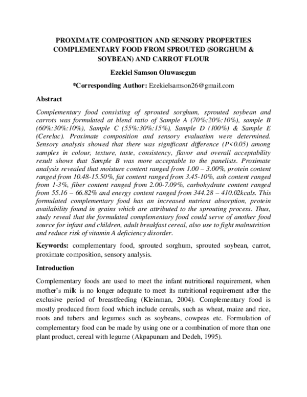 (PDF) PROXIMATE COMPOSITION AND SENSORY PROPERTIES COMPLEMENTARY FOOD ...