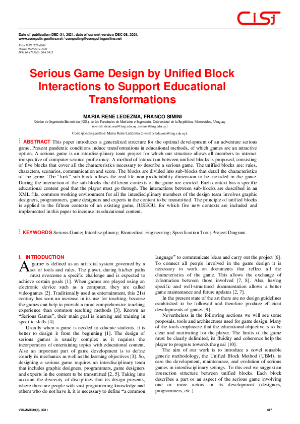 (PDF) Serious Game Design by Unified Block Interactions to Support ...