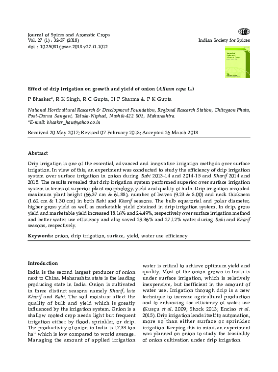 (PDF) Effect of drip irrigation on growth and yield of onion (Allium ...
