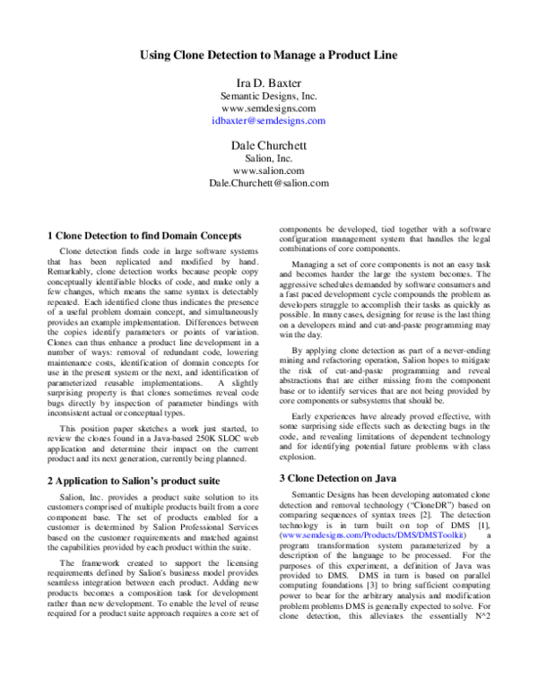 (PDF) Using Clone Detection to Manage a Product Line
