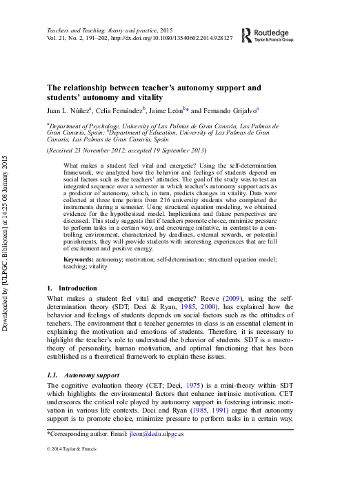 (PDF) The relationship between teacher’s autonomy support and students ...