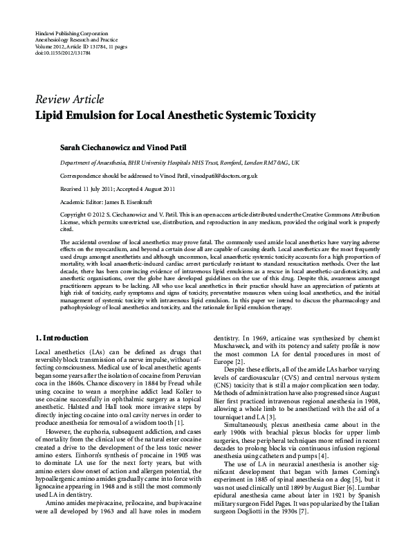 (PDF) Lipid Emulsion for Local Anesthetic Systemic Toxicity VINOD