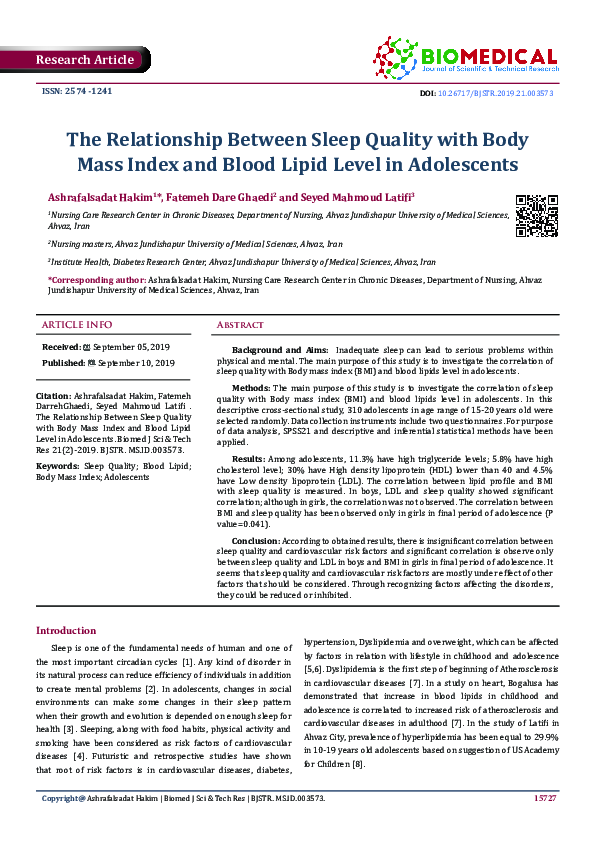 (PDF) The Relationship Between Sleep Quality with Body Mass Index and ...