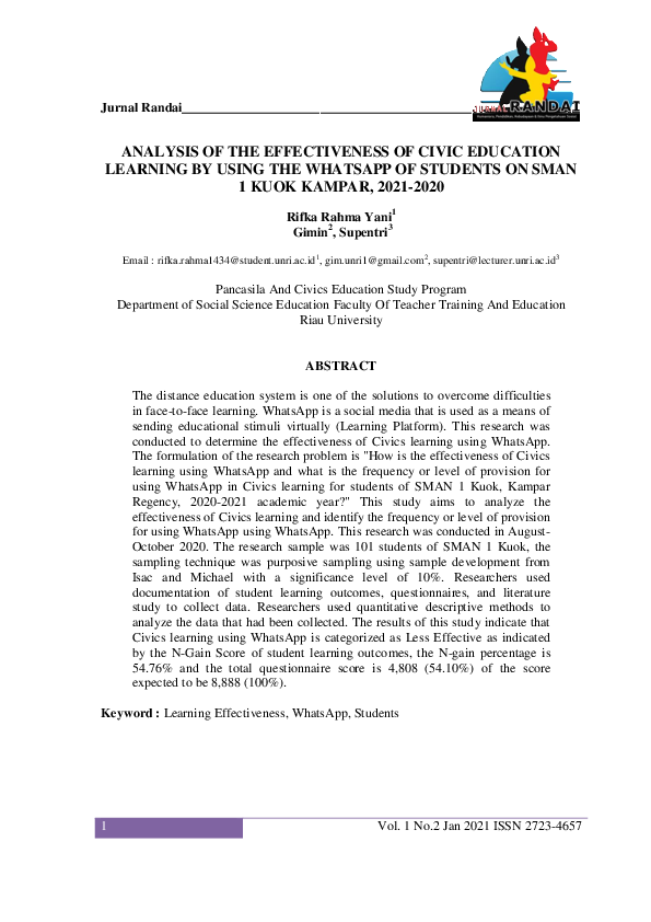(PDF) Analysis of the Effectiveness of Civic Education Learning by ...