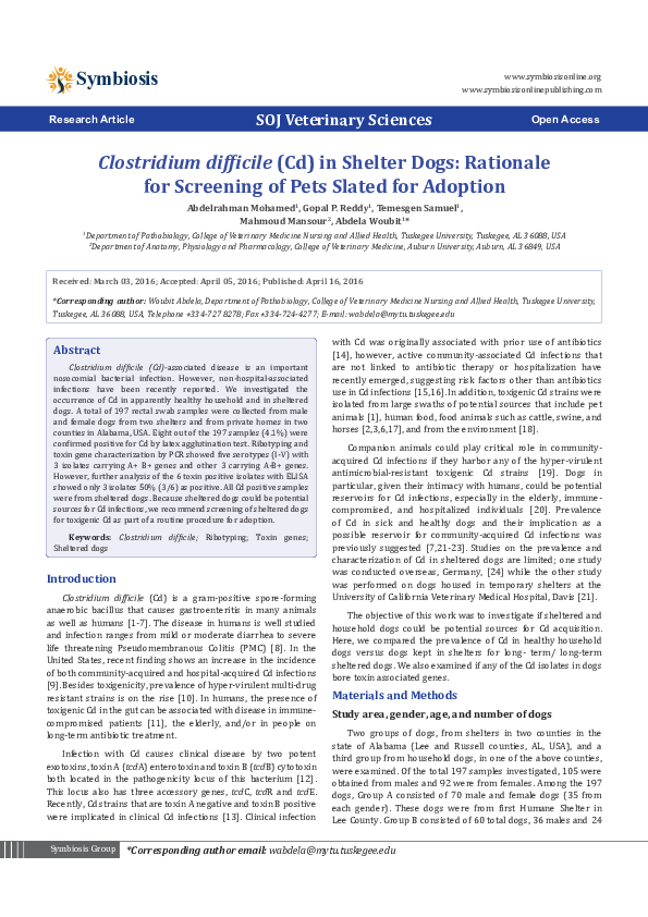 (PDF) Clostridium difficile (Cd) in Shelter Dogs: Rationale for ...