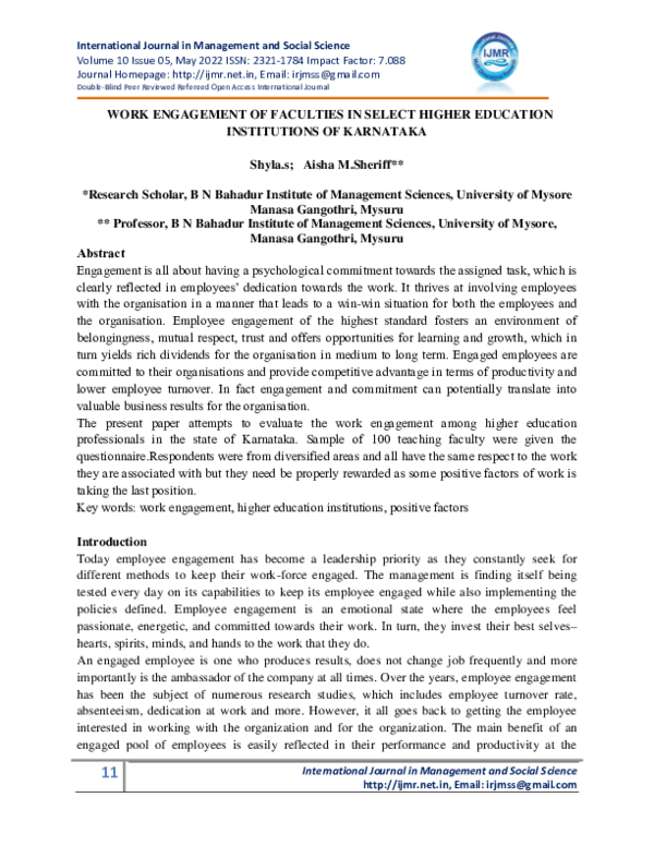(PDF) WORK ENGAGEMENT OF FACULTIES IN SELECT HIGHER EDUCATION ...
