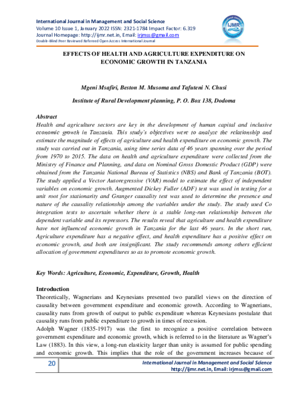 (PDF) EFFECTS OF HEALTH AND AGRICULTURE EXPENDITURE ON ECONOMIC GROWTH ...