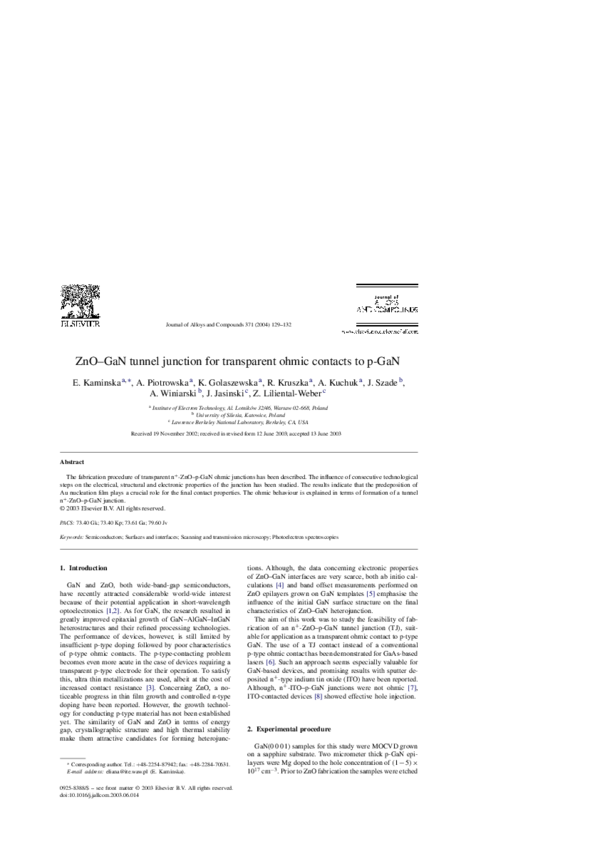 (PDF) ZnOGaN tunnel junction for transparent ohmic contacts to pGaN