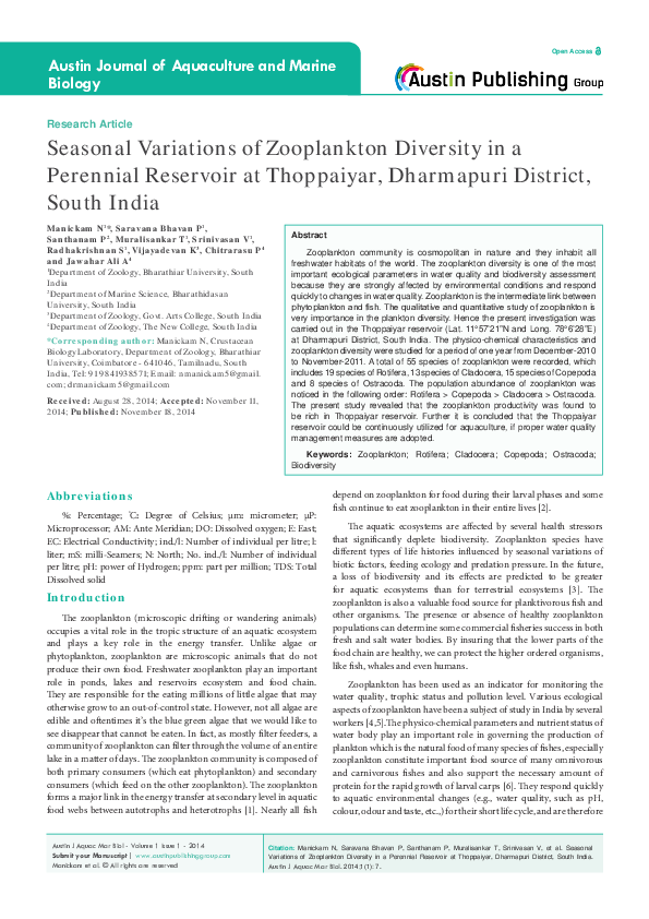 (PDF) Seasonal Variations of Zooplankton Diversity in a Perennial ...