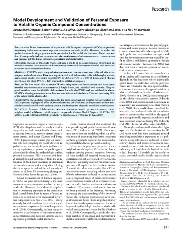 (PDF) Model Development and Validation of Personal Exposure to Volatile ...