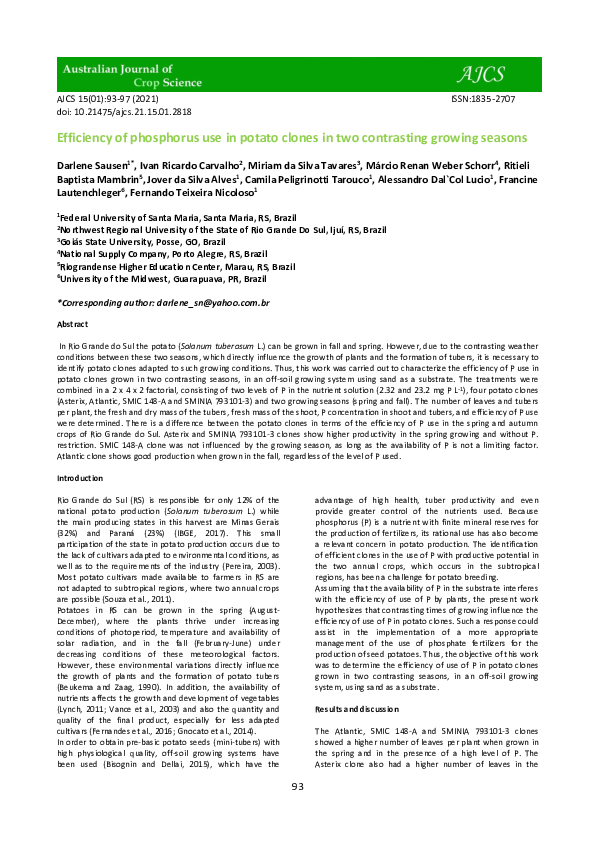 (PDF) Efficiency of phosphorus use in potato clones in two contrasting ...