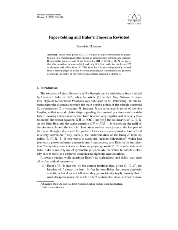(PDF) Paperfolding and Euler's Theorem Revisited Benedetto Scimemi
