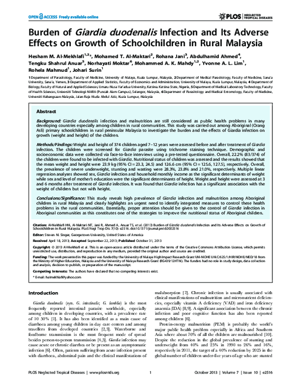 (PDF) Burden of Giardia duodenalis Infection and Its Adverse Effects on ...
