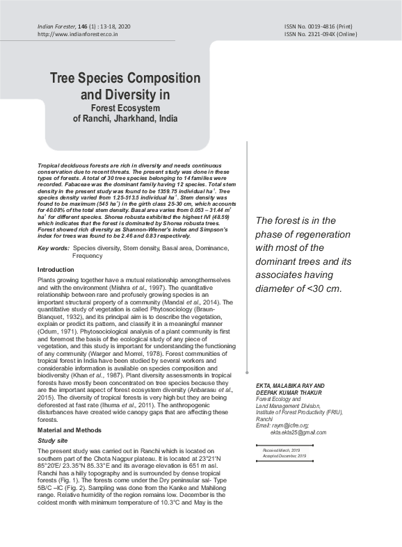 (PDF) TREE SPECIES COMPOSITION AND DIVERSITY IN FOREST ECOSYSTEM OF